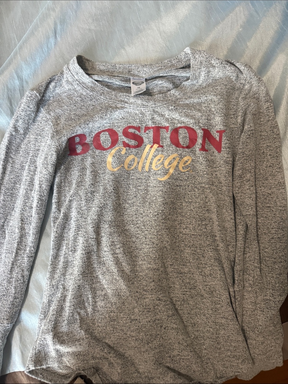 Express Gray Long Sleeve Tee with Maroon and Gold Boston College Script